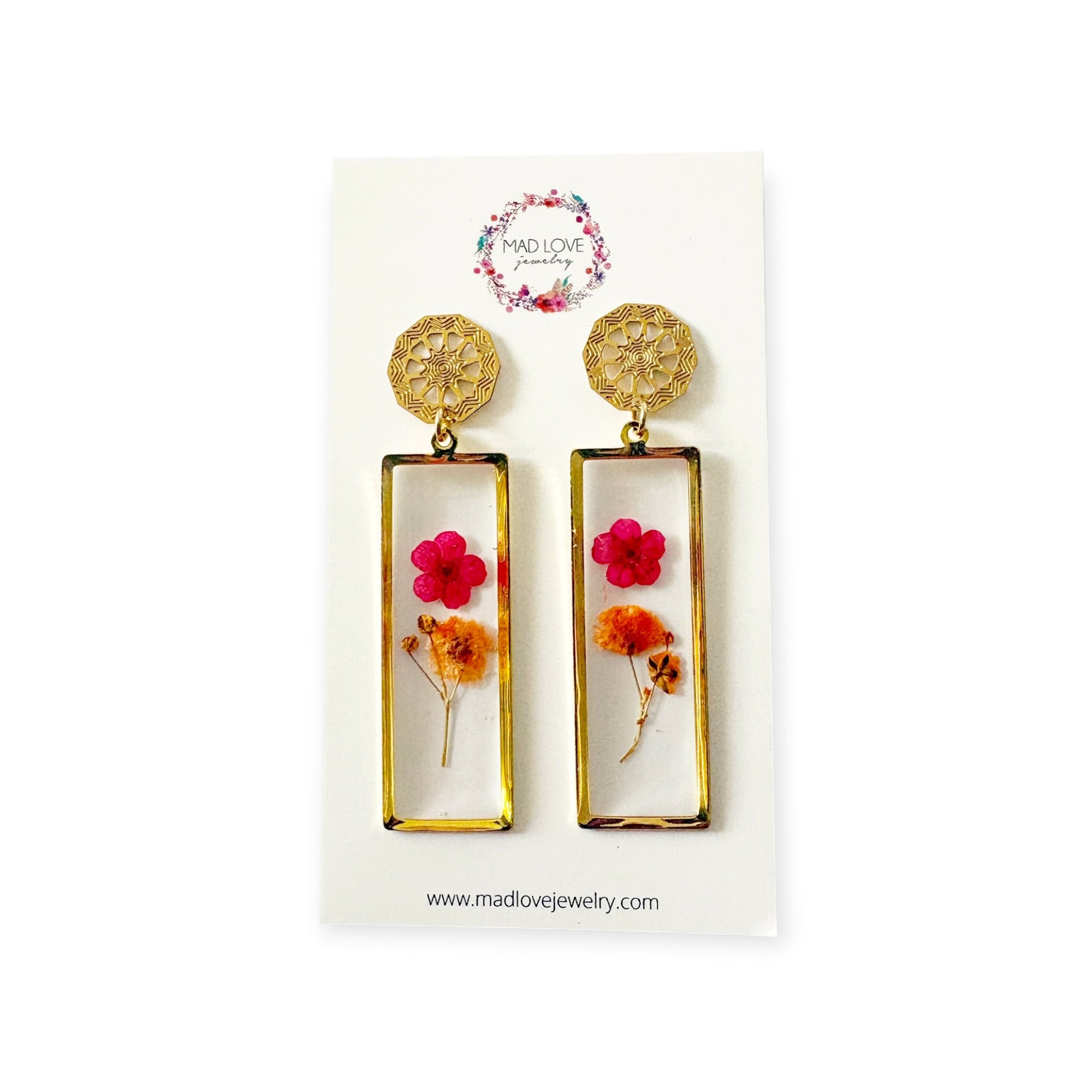 Dried Flower Resin Earrings — Gold Floral Jewelry