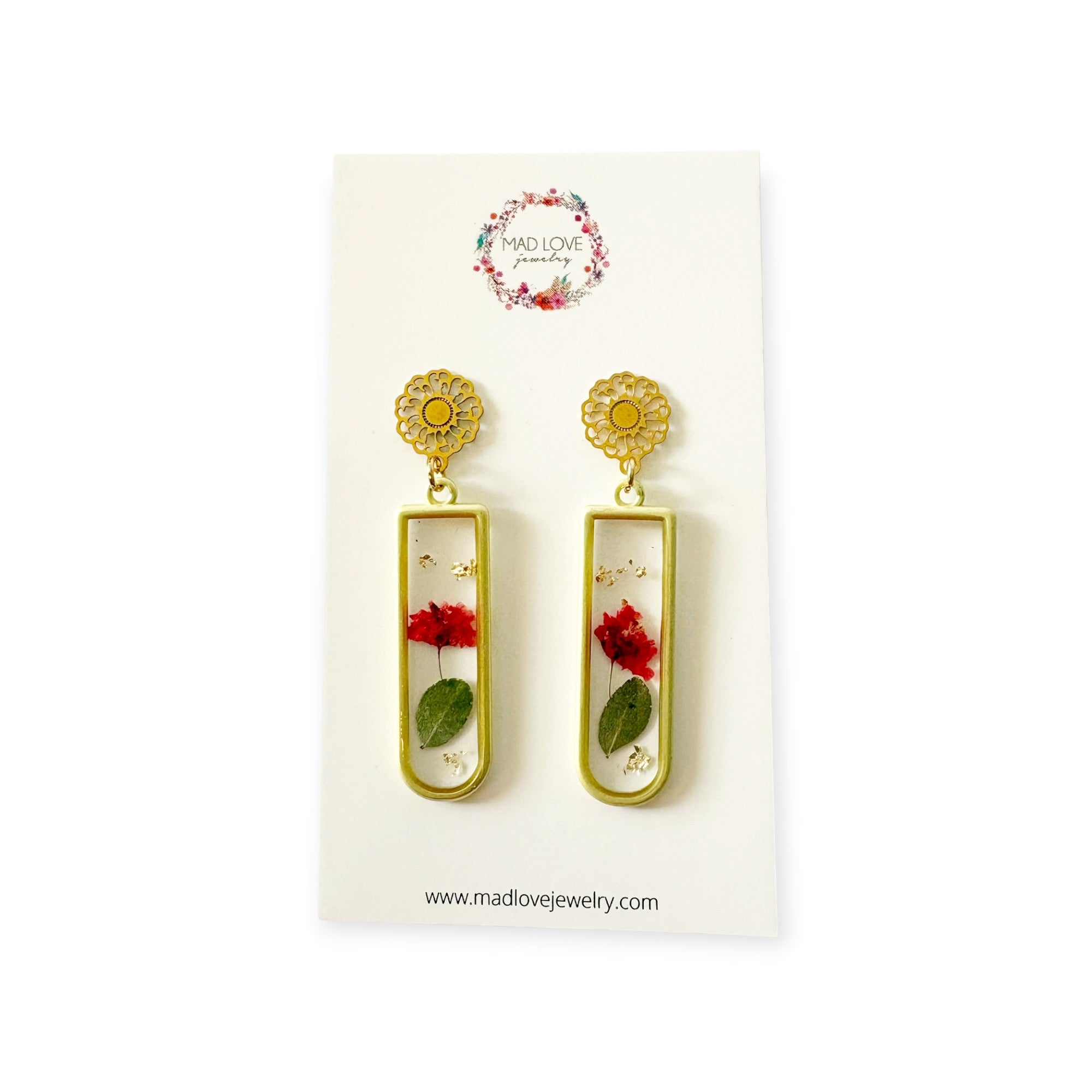 Dried Flower Resin Earrings — Gold Floral Jewelry
