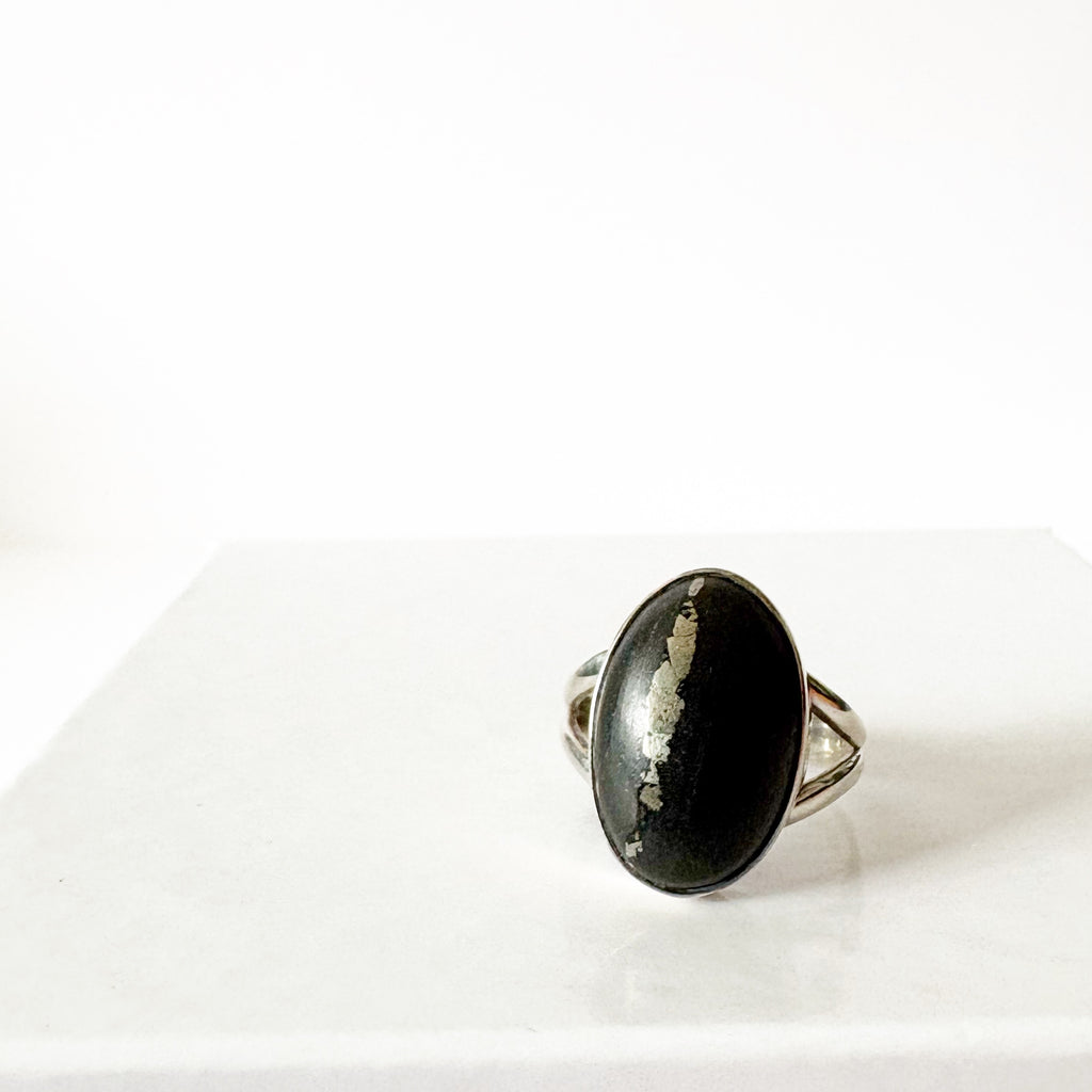 Grounding Pyrite & Basalt Sterling Silver Ring SIZE 8