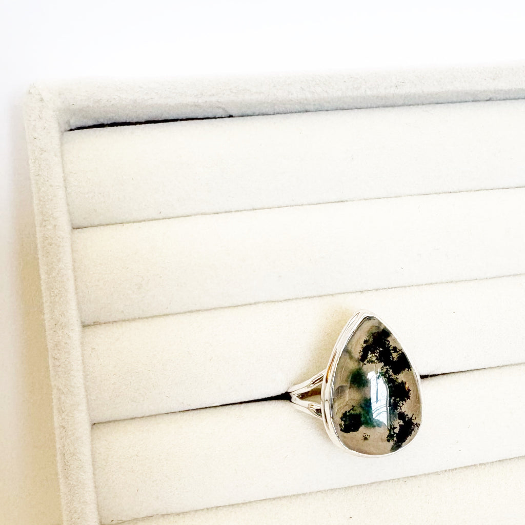 Moss Agate Teardrop Ring – Growth & Grounding SIZE 10