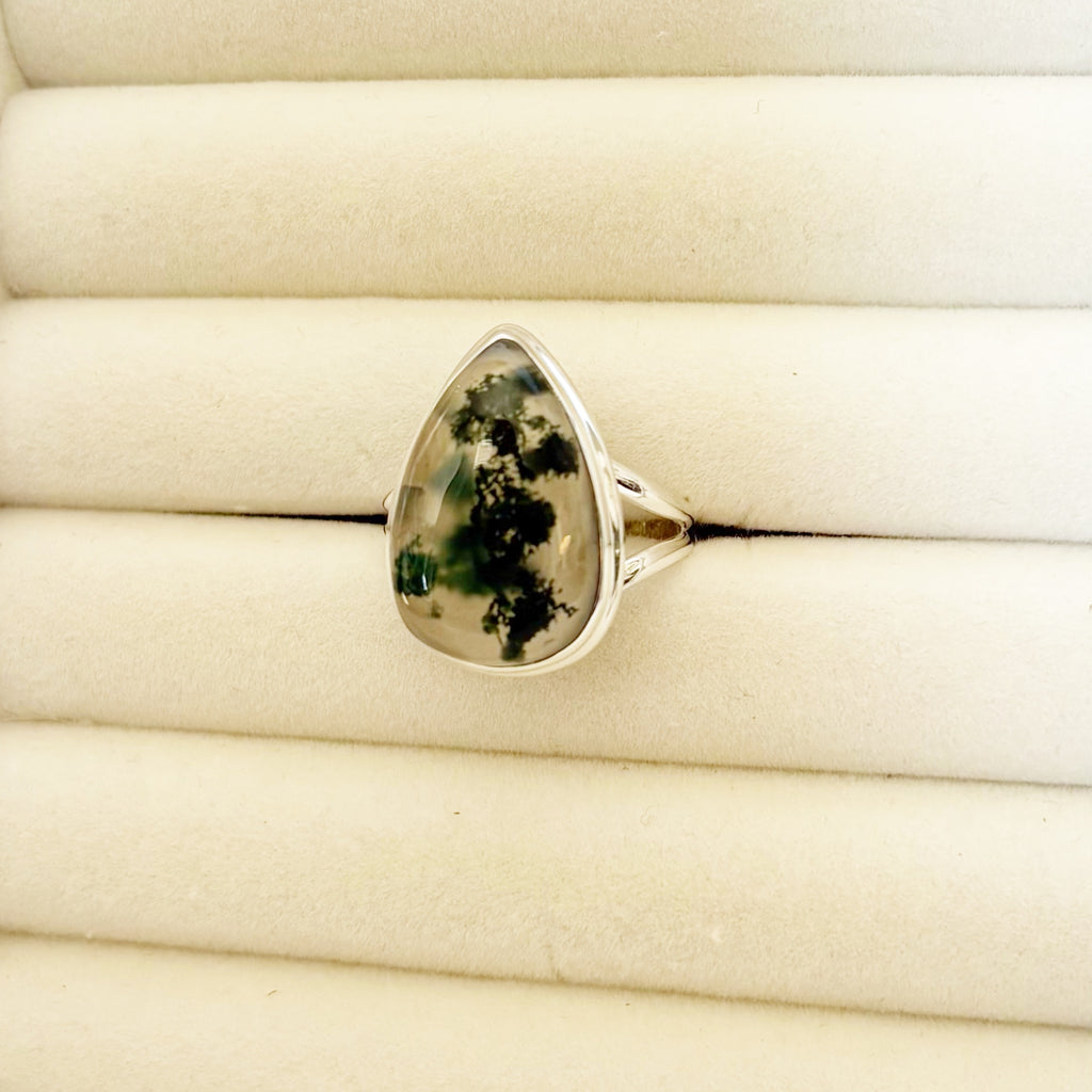Moss Agate Teardrop Ring – Growth & Grounding SIZE 10