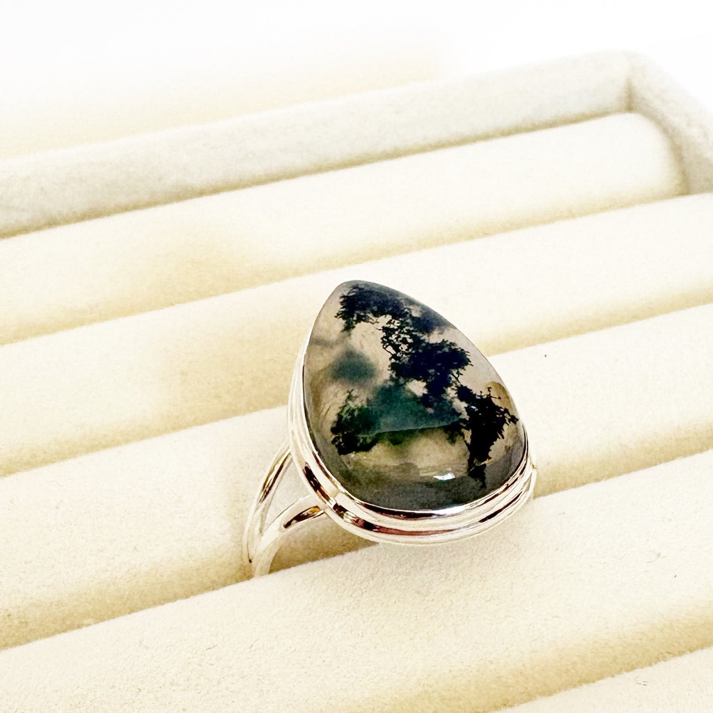 Moss Agate Teardrop Ring – Growth & Grounding SIZE 10