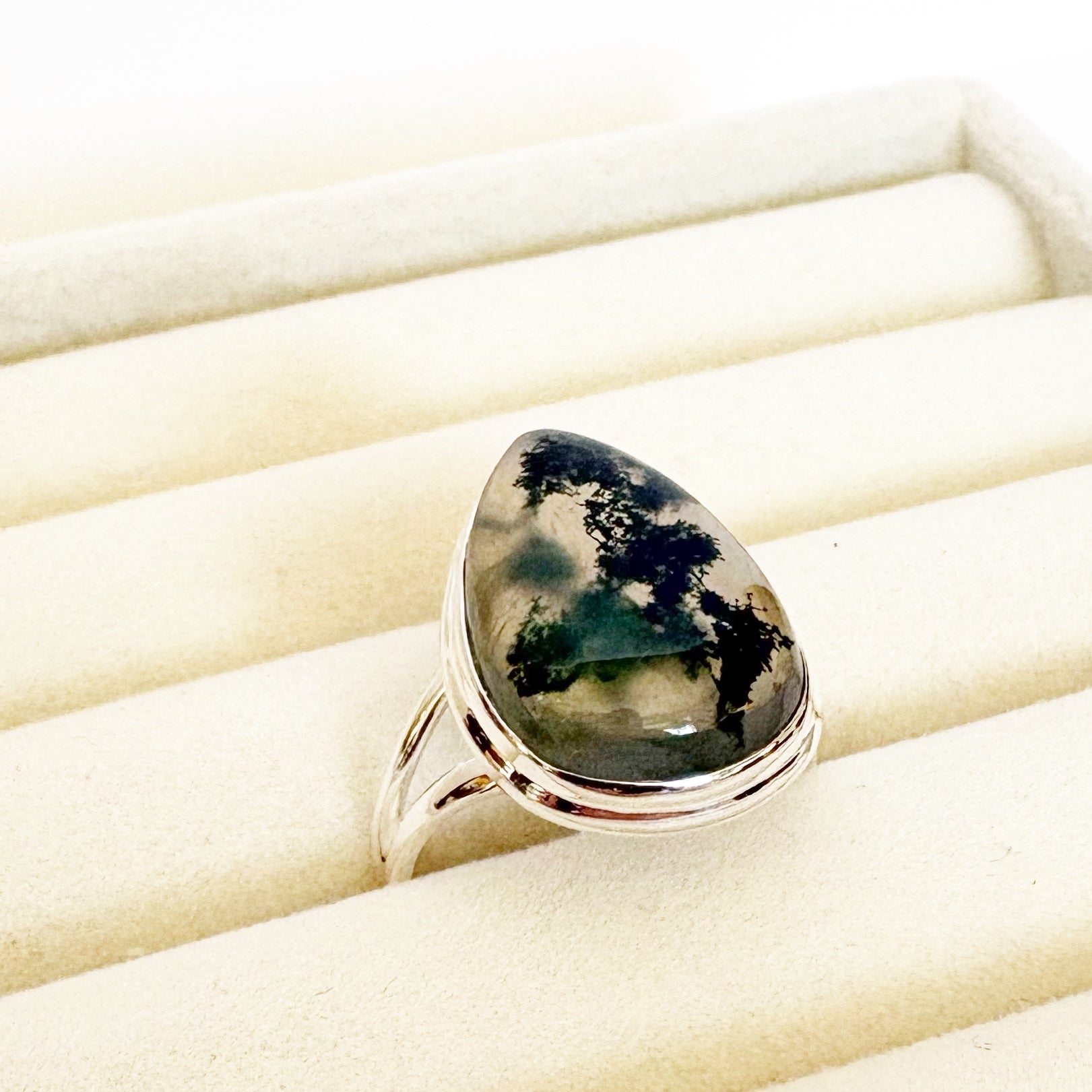Moss Agate Teardrop Ring – Growth & Grounding SIZE 10